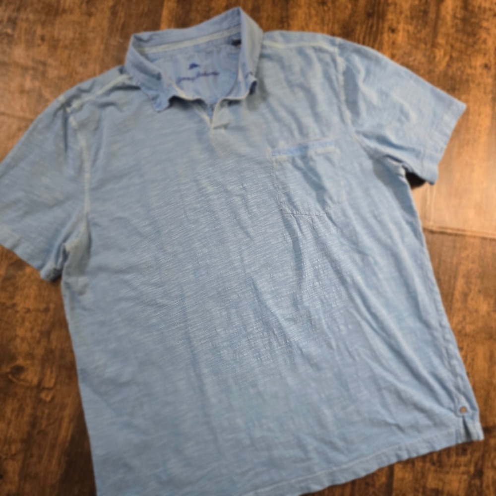 TOMMY‎ BAHAMA Polo Shirt Mens XL Blue Slub Knit Cotton Pocket Short Sleeve